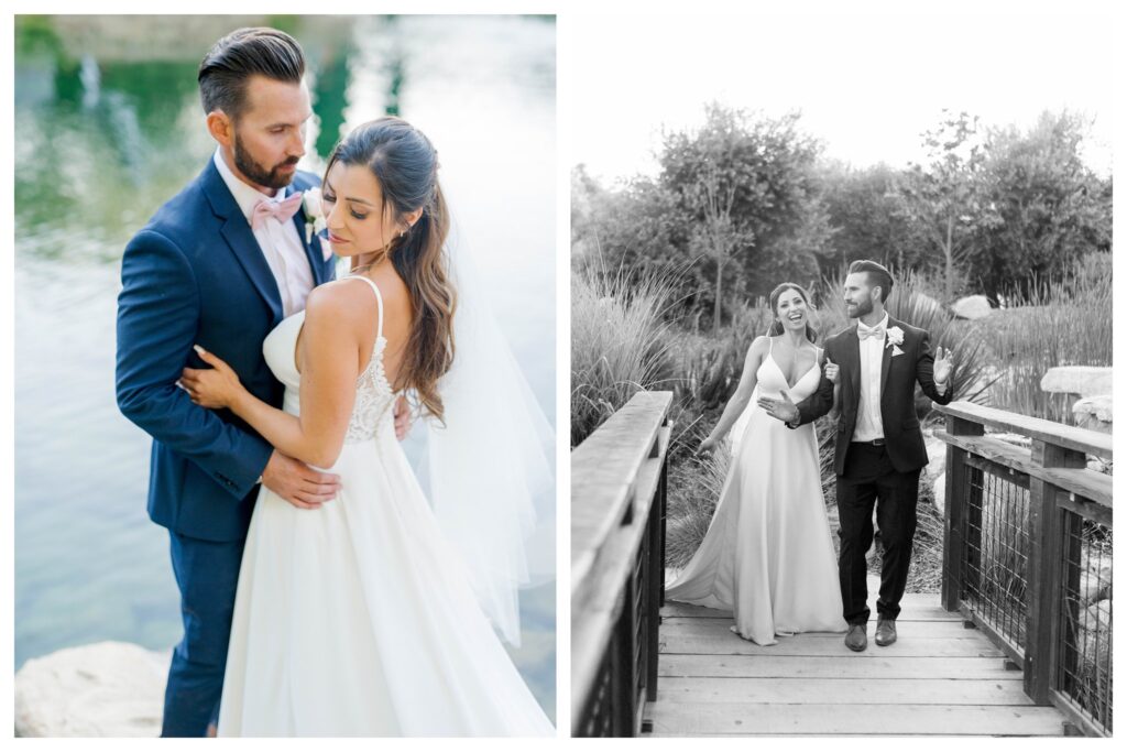 A bride and groom walk over the bridge at TERRA MIA Vineyards during their summer wedding day in Paso Robles California.