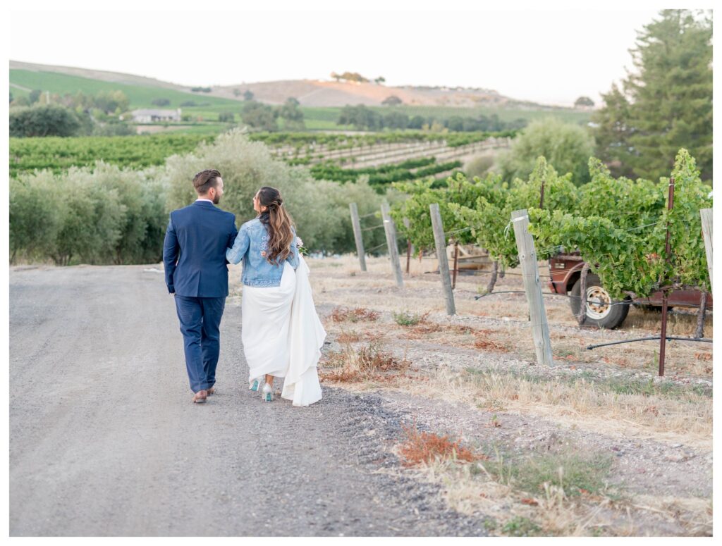 bride and groom stroll through the vineyards at TERRA MIA vineyards