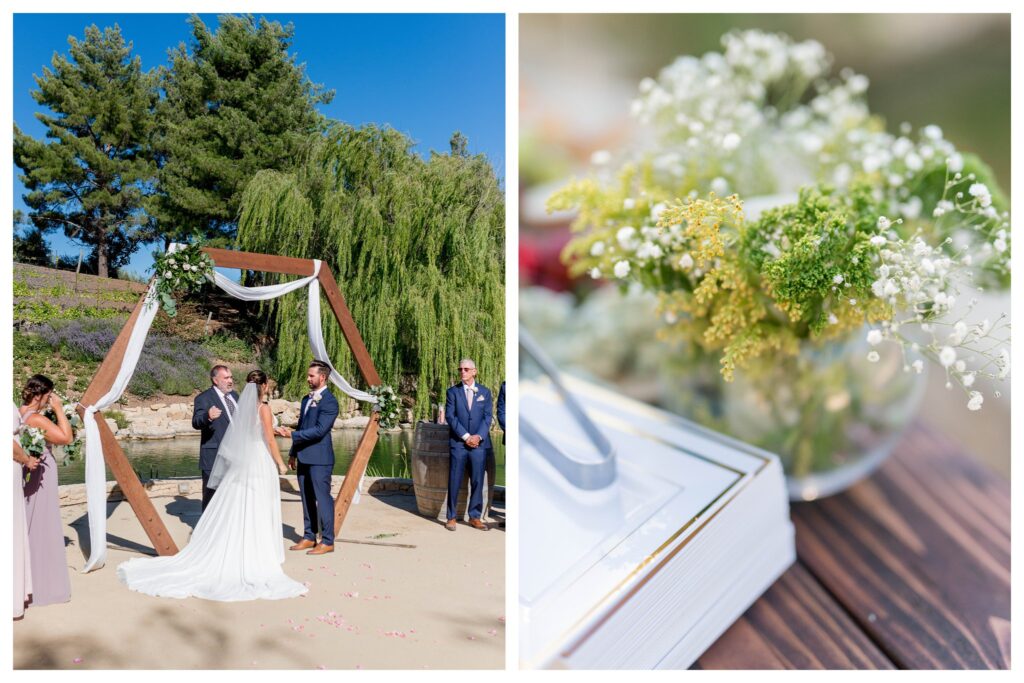 A bride and groom exchange rings during the wedding ceremony at TERRA MIA Vineyards on the Stone amphitheater