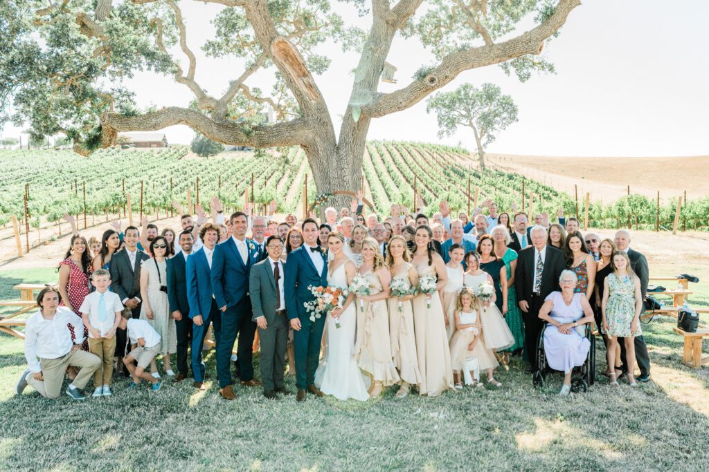 A bride and groom with all their wedding guests gathered together under the ancient oak tree at Ellas Vineyard in Paso Robles.