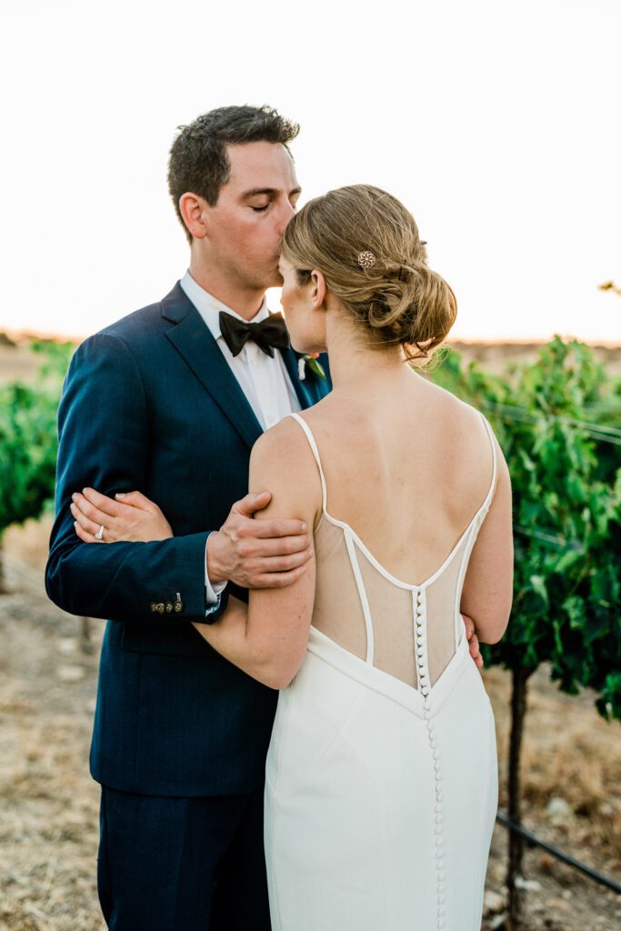 A romantic moment between a bride and groom in the vineyards at sunset during their wedding day at Ella's Vineyard.