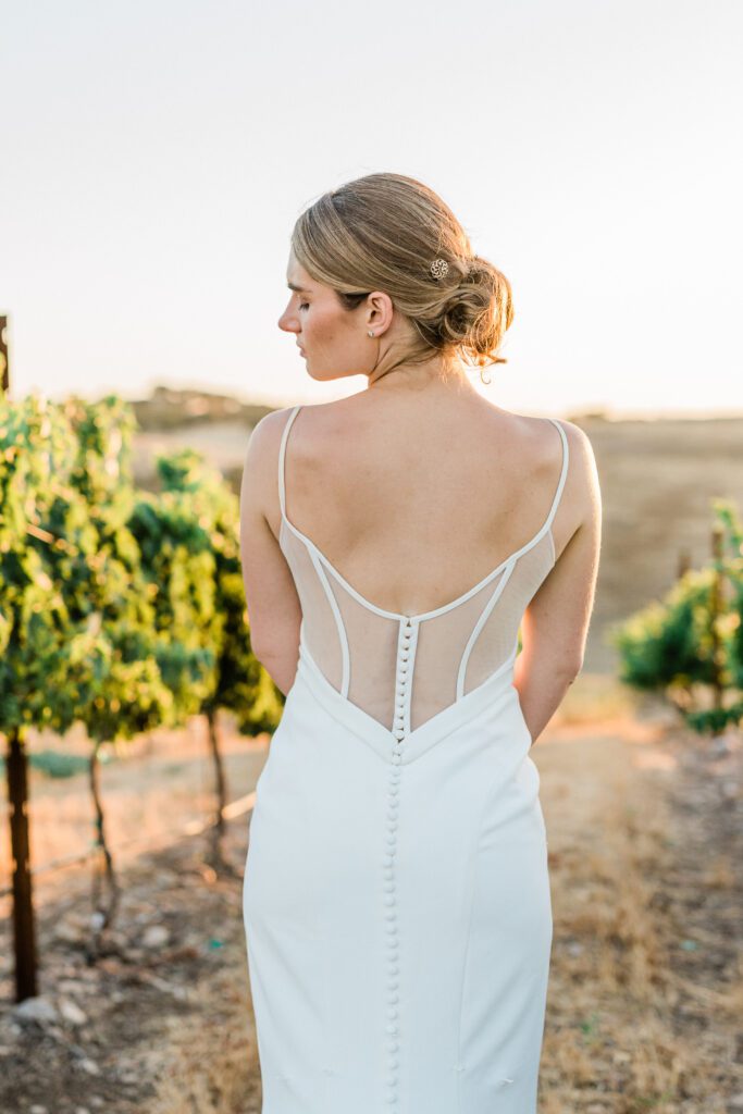 A bride stands for a romantic moment in the Vineyard at Ellas Vineyard on her wedding day. 