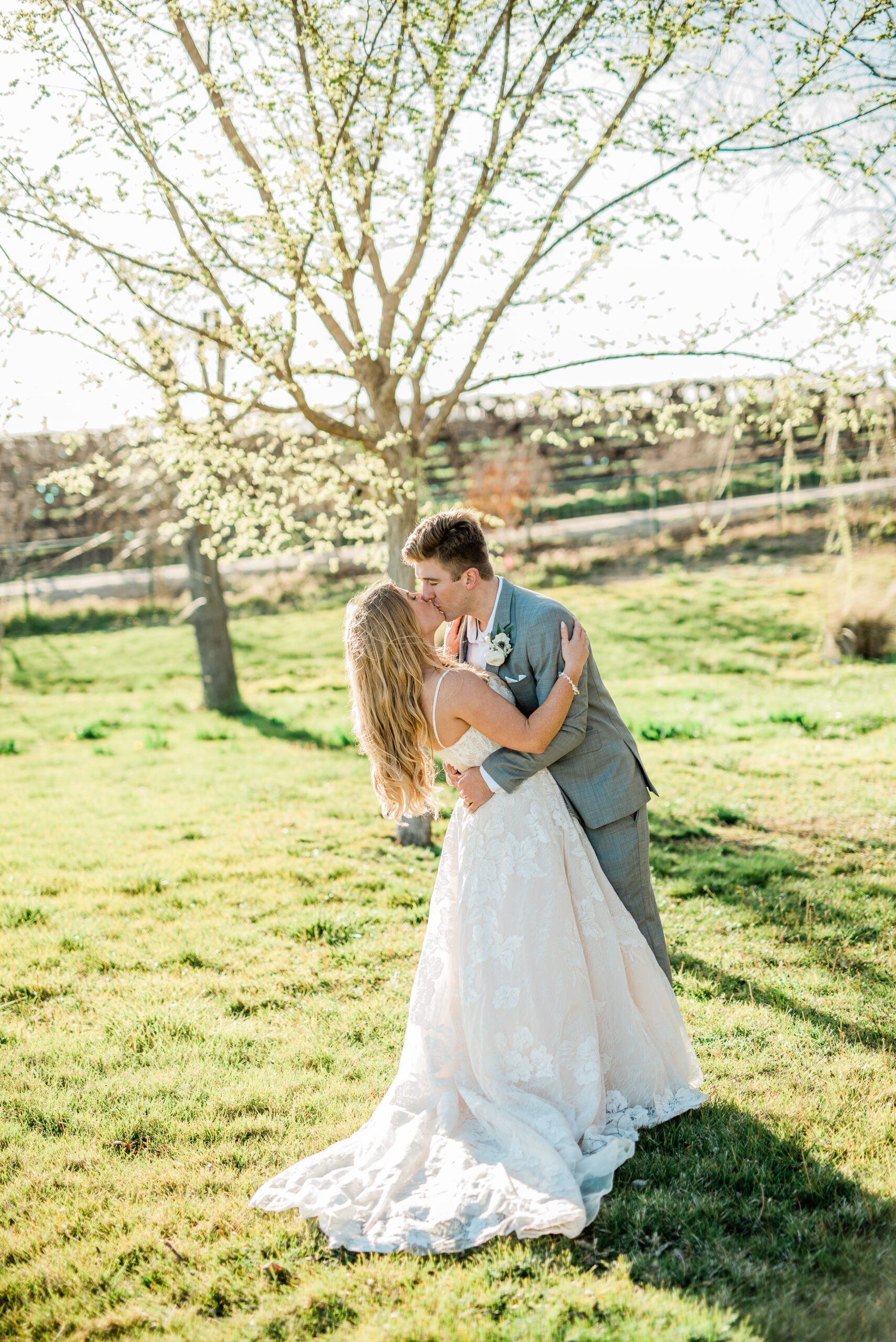 Bride and groom kissing at Bella Terra Vineyards capture by a Paso Robles light and airy wedding photographer.