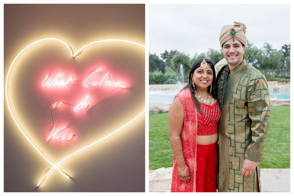 Bride and groom in traditional Indian attire by fountain – Indian wedding in Paso Robles – Leana Myra Photography