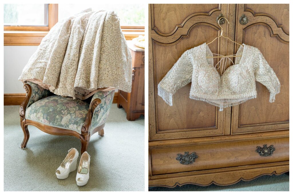 Lehenga skirt and shoes styled on chair – Indian bridal getting ready California – Leana Myra Photography
