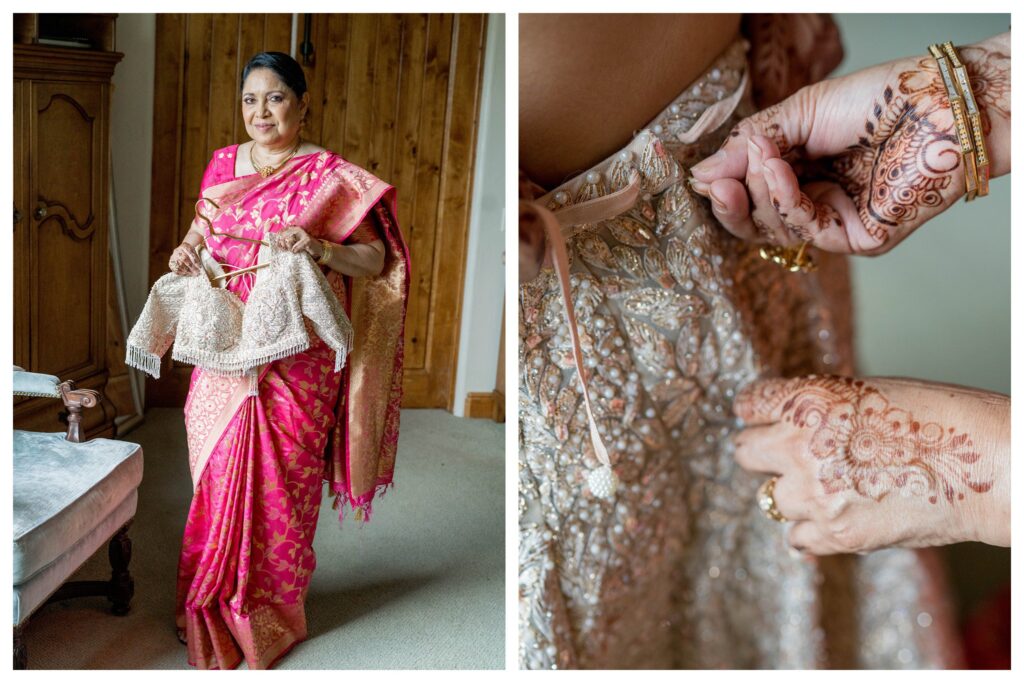 Mother of bride holding bridal blouse – Indian wedding preparation California – Leana Myra Photography