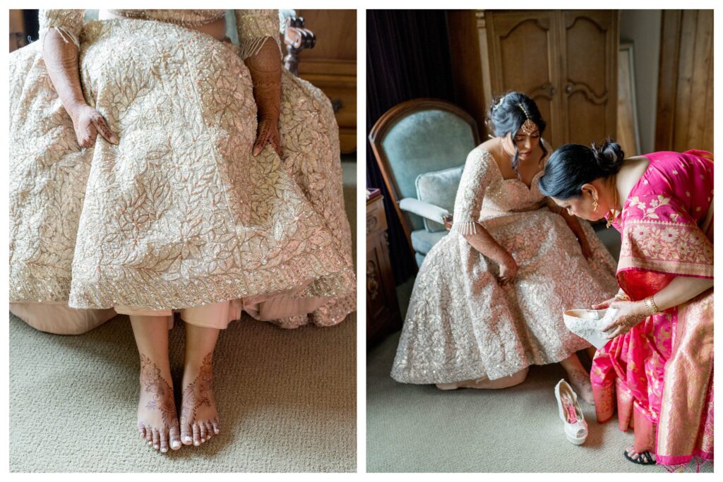 Close-up of mehndi hands tying lehenga skirt – Indian bride getting ready – Leana Myra Photography