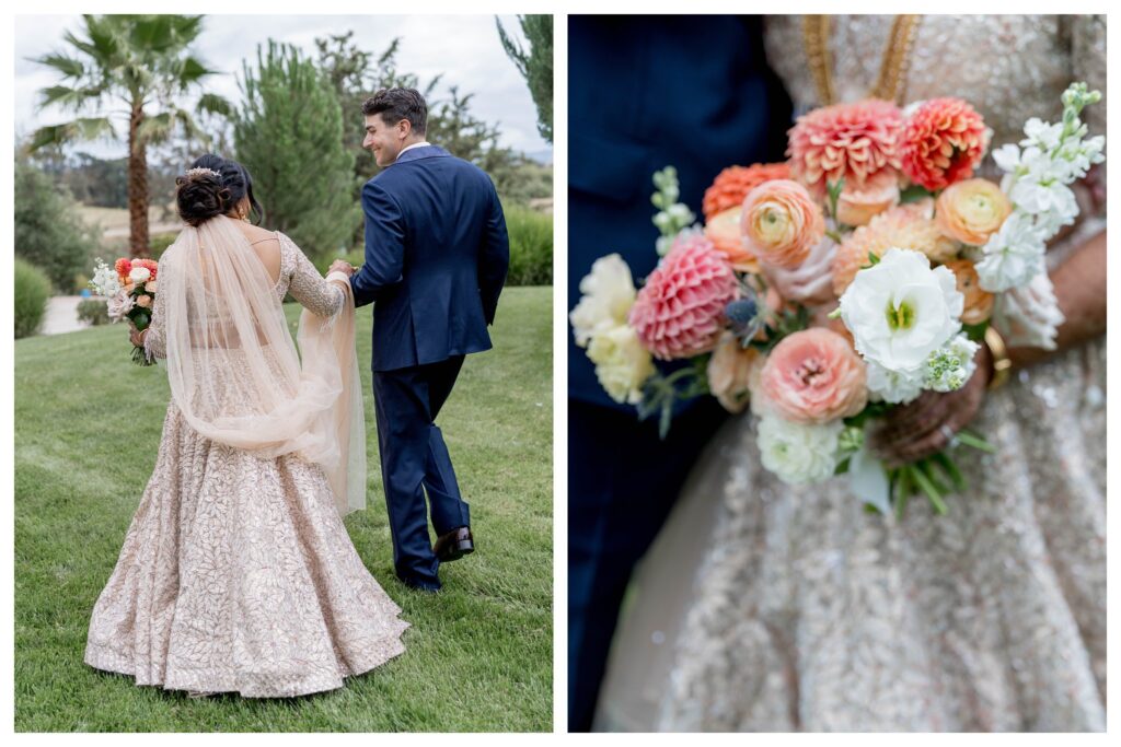 Back view of bride and groom walking – romantic Indian wedding Paso Robles – Leana Myra Photography