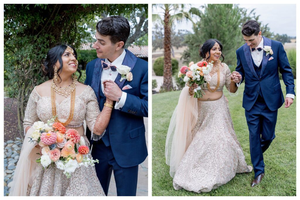 Bride and groom walking together outdoors – Indian fusion wedding California – Leana Myra Photography