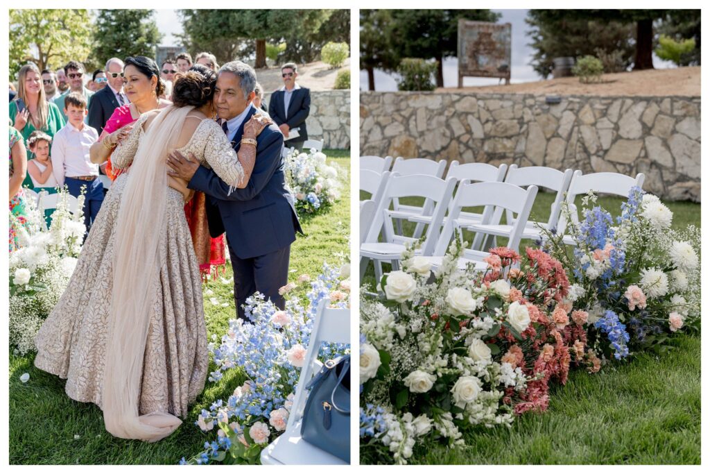 Emotional bride hugging father during wedding ceremony at Terra Mia Vineyards, Paso Robles captured by Leana Myra Photography