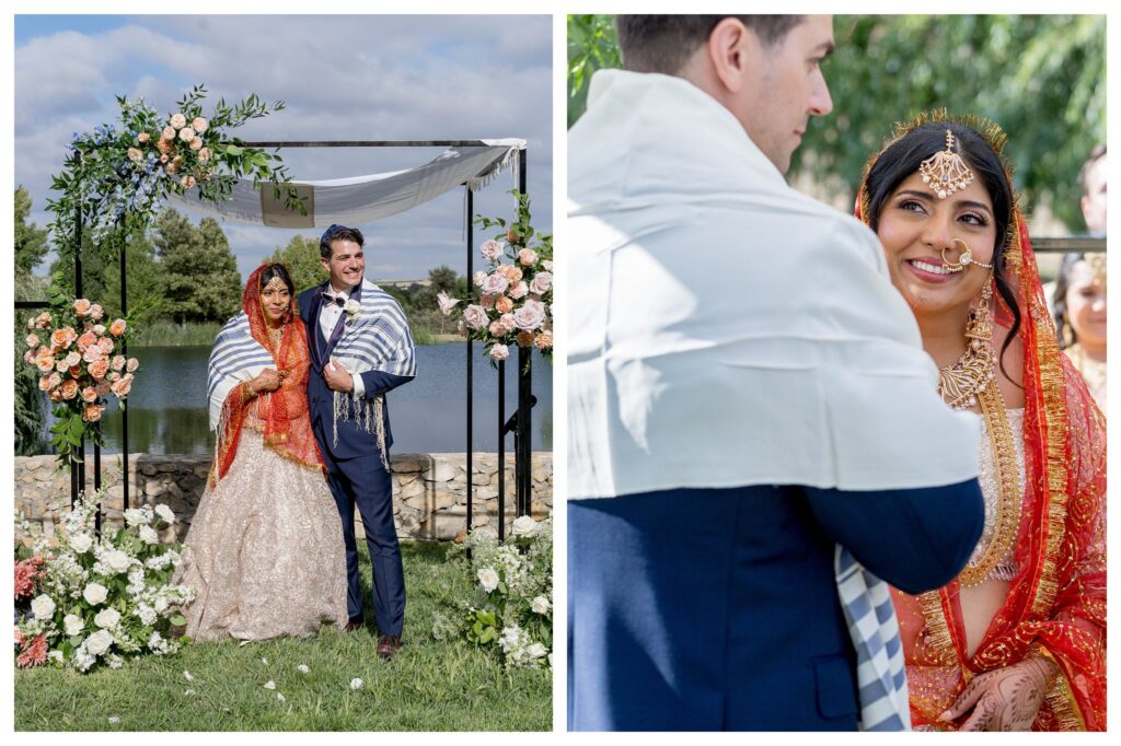 Joyful bride and groom smiling at guests during Jewish wedding ceremony at Terra Mia Vineyards, Paso Robles, by Leana Myra Photography