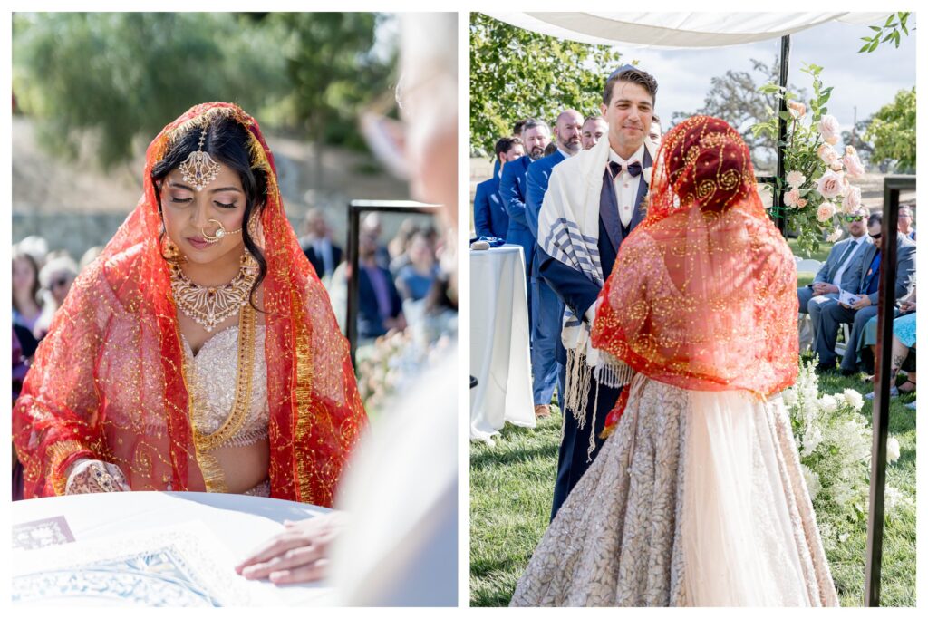 Bride signing Ketubah in stunning traditional Indian attire at Terra Mia Vineyards wedding, Paso Robles, captured by Leana Myra Photography