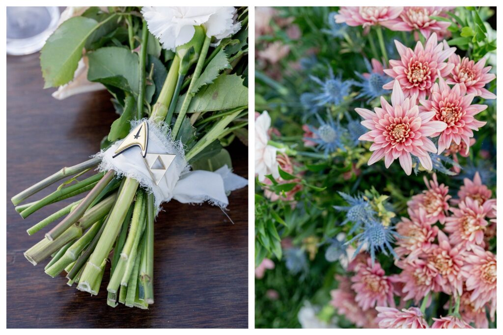Detail of Star Trek wedding pin and delicate pink and blue floral bouquet at Terra Mia Vineyards wedding, Paso Robles, photographed by Leana Myra Photography