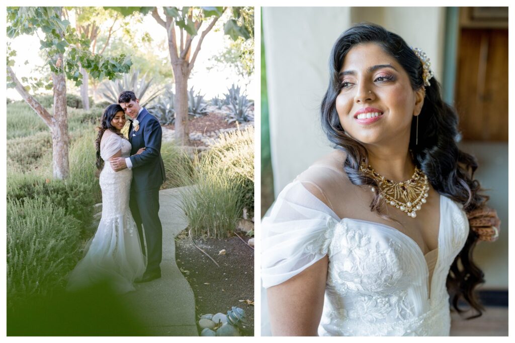 Romantic portrait of couple embracing in lush gardens and stunning bridal portrait at vineyard wedding in Paso Robles by Leana Myra Photography.