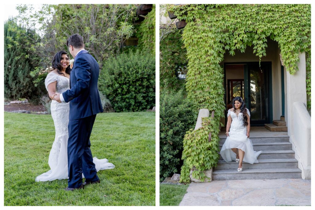Candid moments of bride and groom's emotional first look in garden setting at Paso Robles captured by Leana Myra Photography.