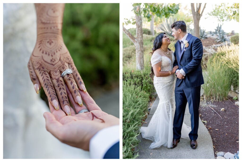 Close-up of bride's detailed henna design and sparkling diamond ring during intimate moment at vineyard wedding in Paso Robles by Leana Myra Photography.