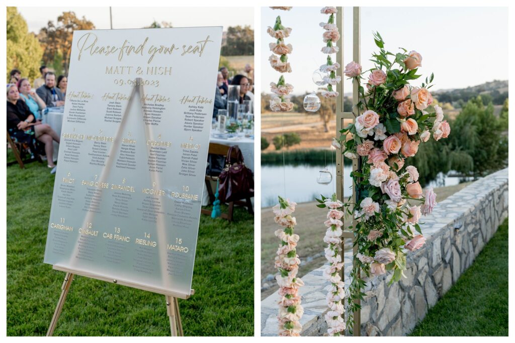Elegant gold calligraphy seating chart and blush floral installations at a romantic vineyard reception in Paso Robles by Leana Myra Photography.