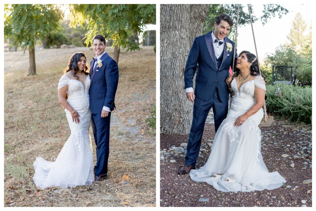 Golden hour portraits of bride and groom in natural vineyard setting and charming swing scene at Paso Robles vineyard wedding by Leana Myra Photography.