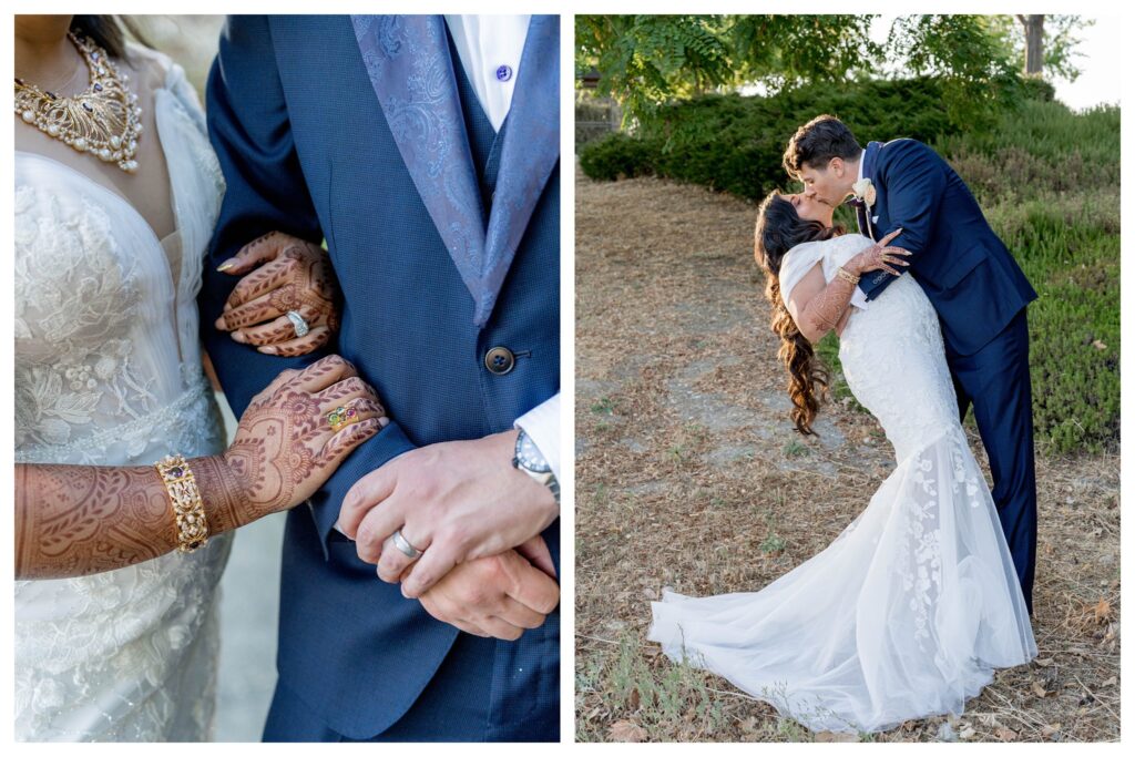 Exquisite close-up of bride’s hands adorned with elaborate henna and traditional gold jewelry at vineyard wedding in Paso Robles by Leana Myra Photography.