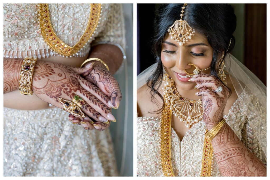 Close-up of bride's detailed henna design and sparkling diamond ring during intimate moment at vineyard wedding in Paso Robles by Leana Myra Photography.