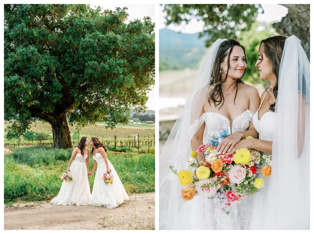 Two brides pose under giant oak trees at sunset at oyster ridge Venue during lgbtq wedding with an inclusive san luis obispo photographer.