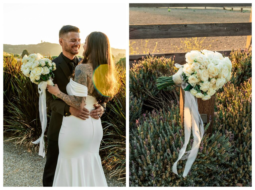 bride and groom kiss at Marfarm San Luis Obispo Wedding Venue with barn and vineyards