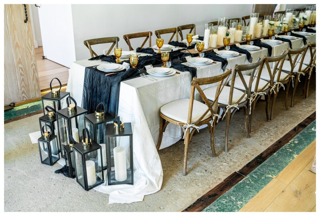 A boho style reception table set up at Marfarm San Luis Obispo in the converted barn. 