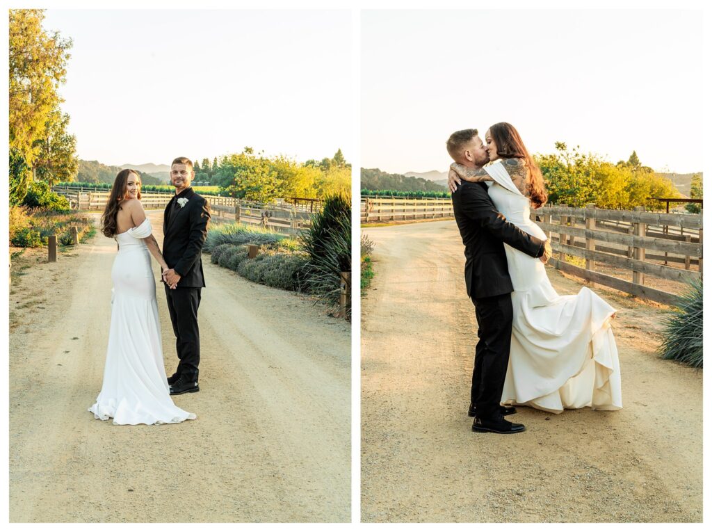 Bride kisses groom during chic and elegant barn wedding at Marfarm, and San Luis Obispo Barn wedding venue.