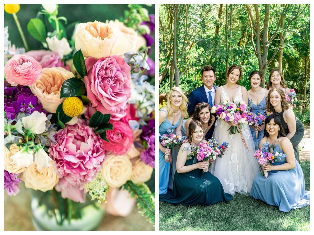 A group of bridesmaids in colorful spring wedding colors at Hartley farms, a san luis obispo garden wedding venue. 