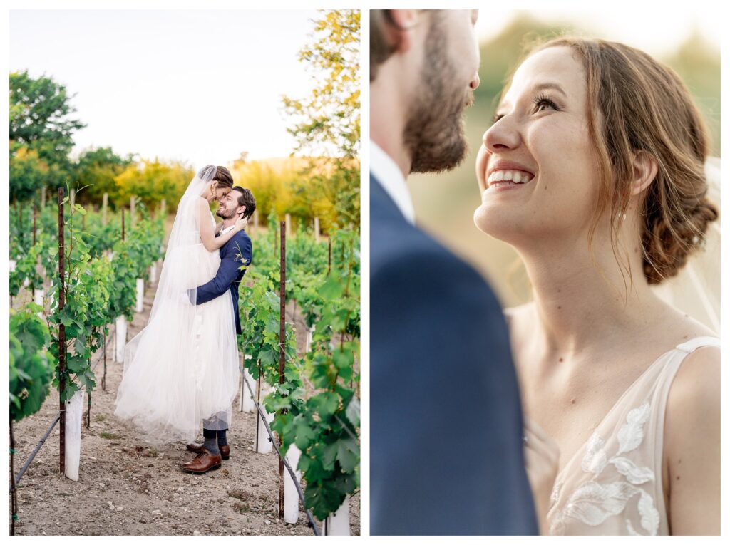 A bride and groom kiss in the vineyard at Hartley farms, a san luis obispo garden wedding venue. 