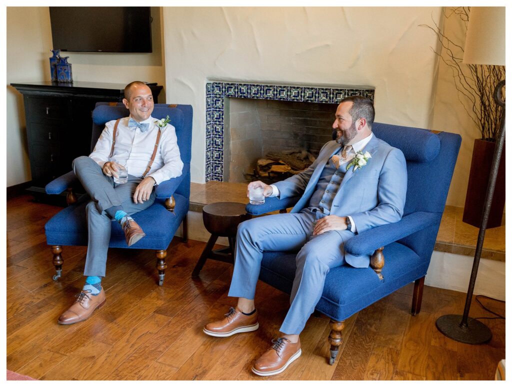 Groom and best man enjoying drinks at Greengate Ranch - Paso Robles | Leana Myra Photography