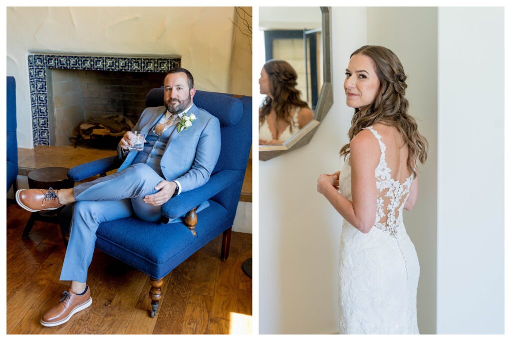 Groom relaxing in chair and bride's portrait at Greengate Ranch - Paso Robles | Leana Myra Photography