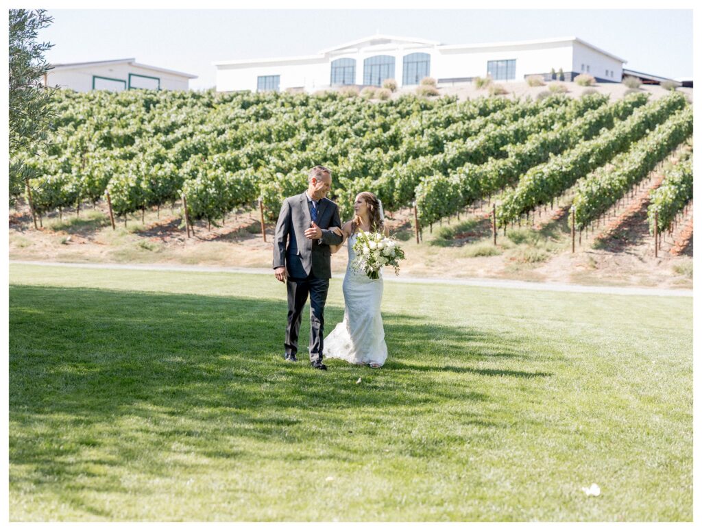 Bride and father walking in vineyard at Greengate Ranch - Paso Robles | Leana Myra Photography