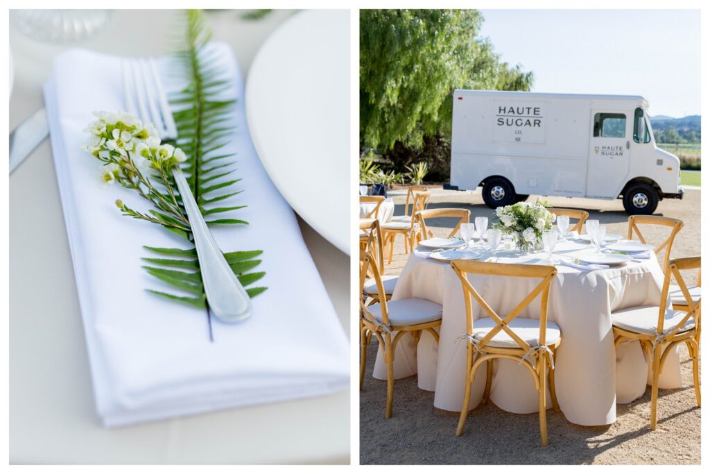 A close-up of a beautifully arranged wedding table with soft florals and fine china at Greengate Ranch