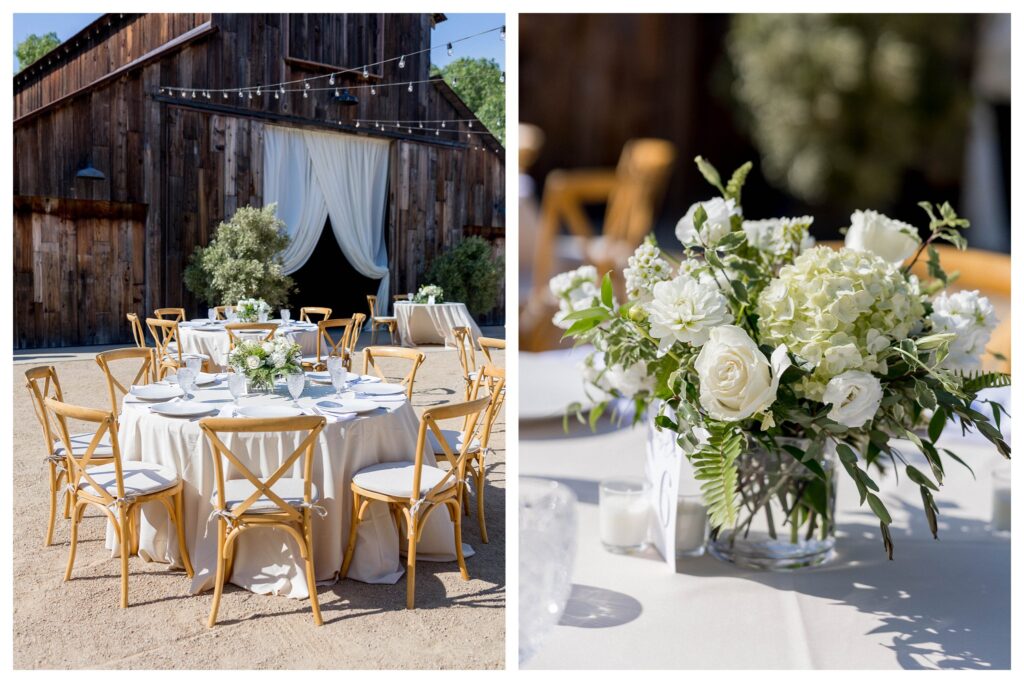 Wedding reception at Greengate Ranch, tables and flowers – Leana Myra Photography