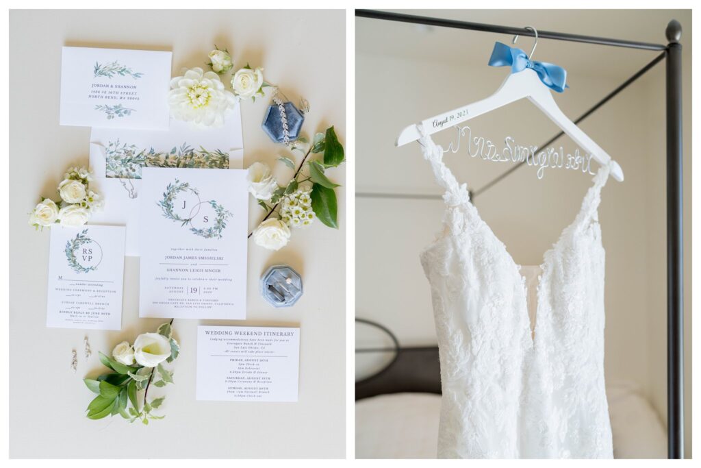 "Wedding details with invitations and dress hanger at Greengate Ranch - Paso Robles | Leana Myra Photography"