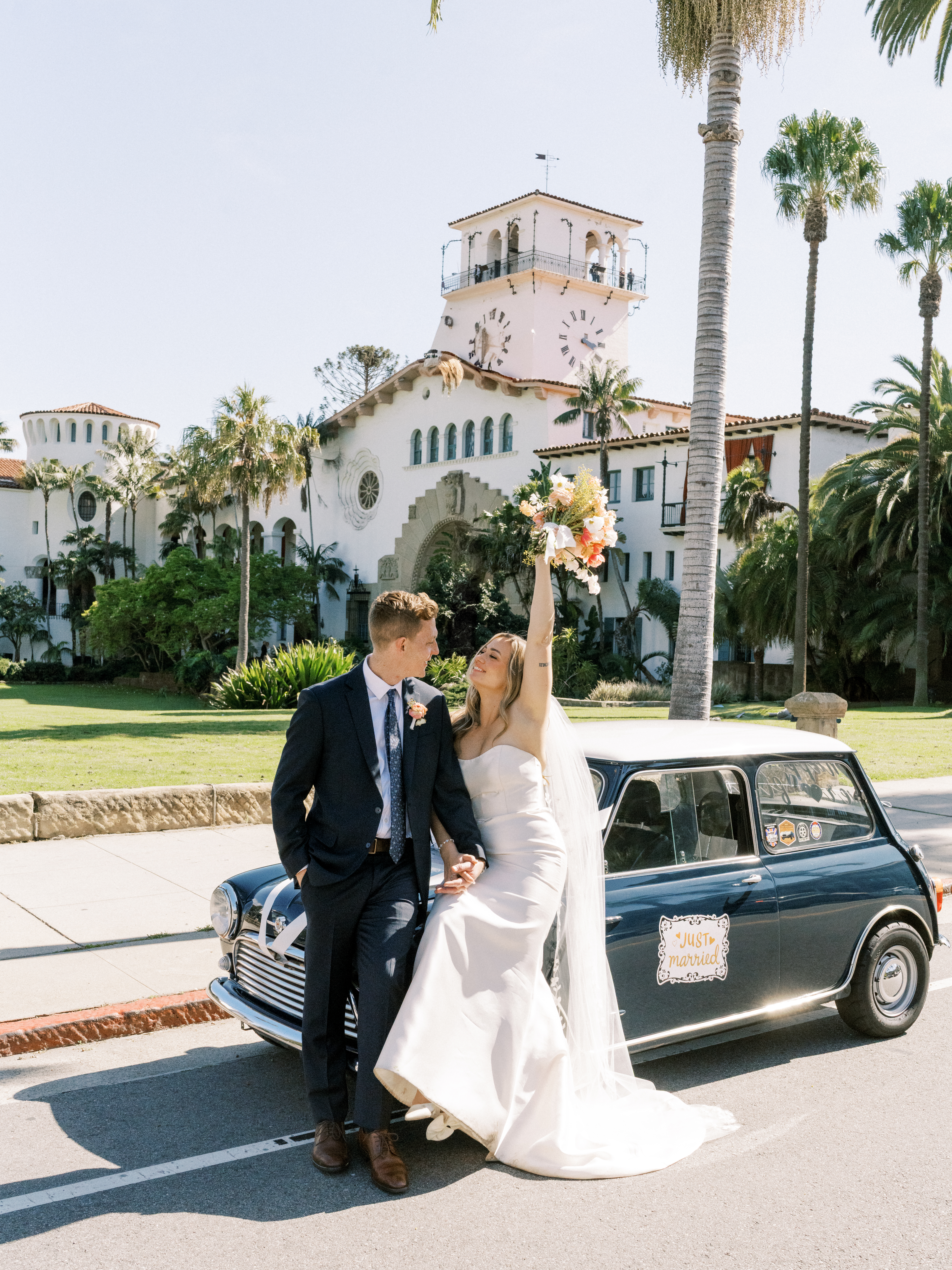 Couple with Vintage Car in front of Santa Barbara Courthouse