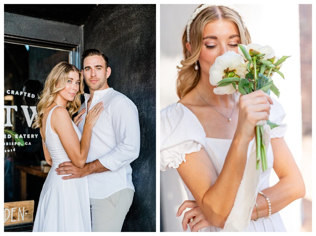 romantic engagement photo of bride with bouquet in slo