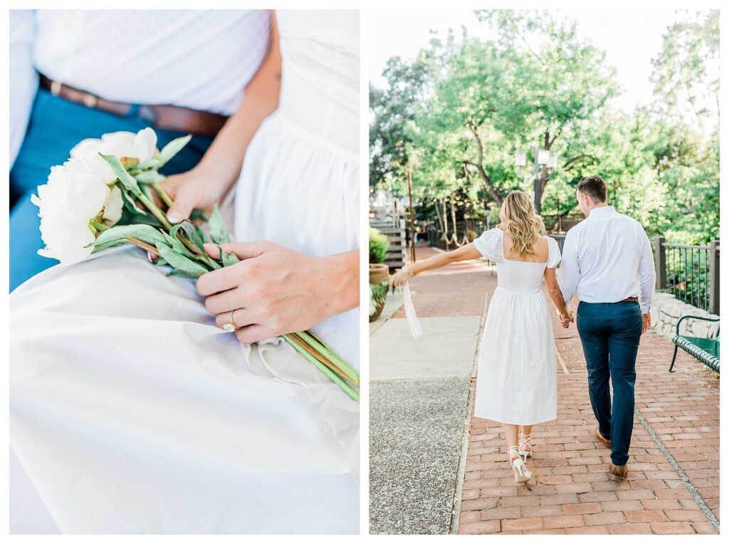 cute engagement session photo of bride with flowers in downtown slo