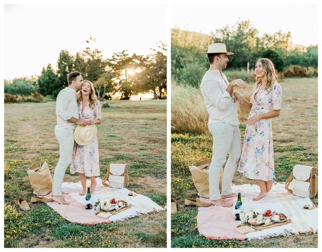 couples having a picnic during their  romantic slo engagement session