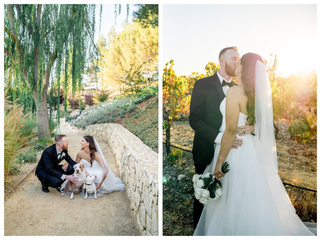 A garden wedding ceremony at Terra Mia Vineyards with a bride and groom kissing. 