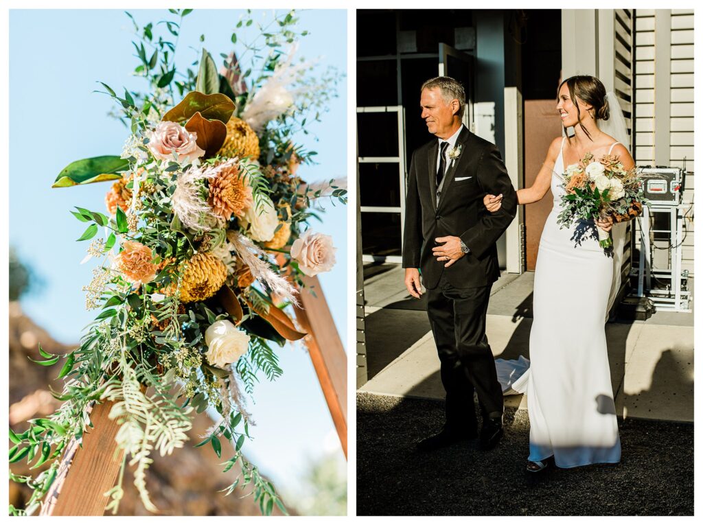 Bride and father at her Wedding ceremony with boho triangle arch and fall florals at the Slo brew Rock.