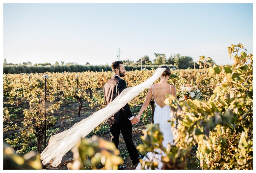 A bride and groom walk together at sunset through the vines during their Slo Brew Rock wedding day, a san luis obispo wedding venue.