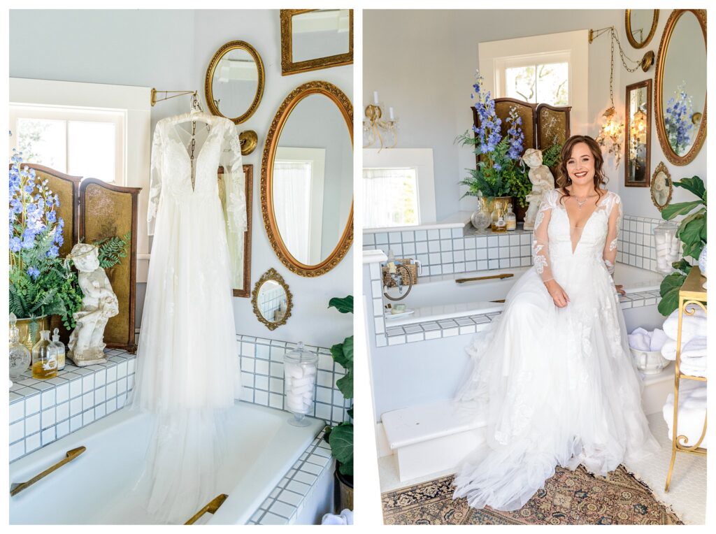 A romantic setting at the dana powers house and gardens with a bride sitting perched on an old fashioned vintage bathtub, looking beautiful in her wedding dress before her garden wedding ceremony in san luis obispo.