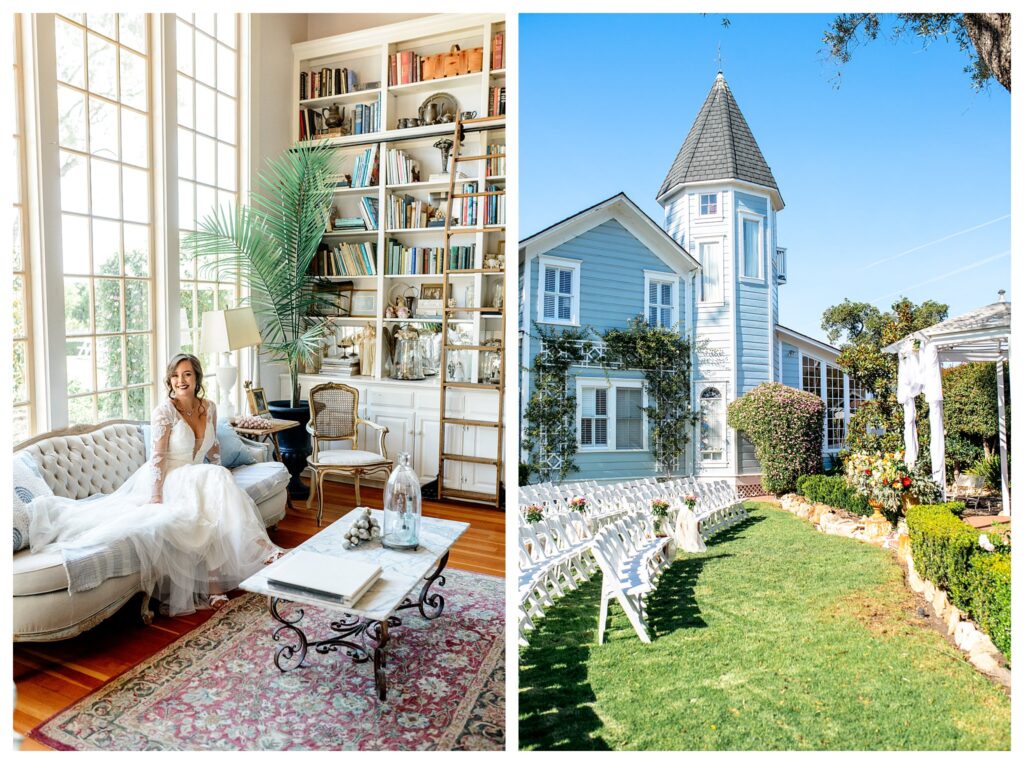 Bride sits in the dana Powers house living room, reclining on vintage sofa in a romantic and timeless pose, next to her ourdoor wedding ceremony in the Dana Powers garden in San Luis Obispo. 