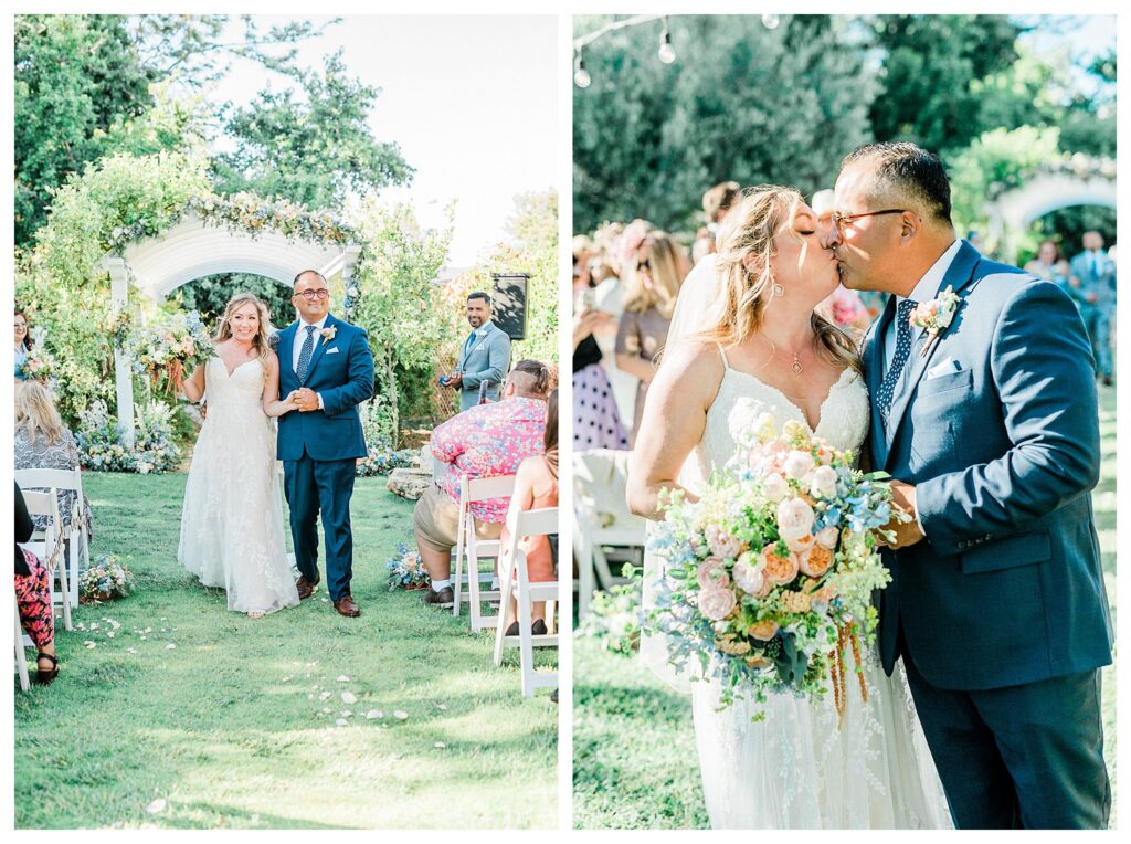 A bride and groom kiss in the secret garden of the Madonna in during a spring wedding ceremony covered in fairytale florals. 