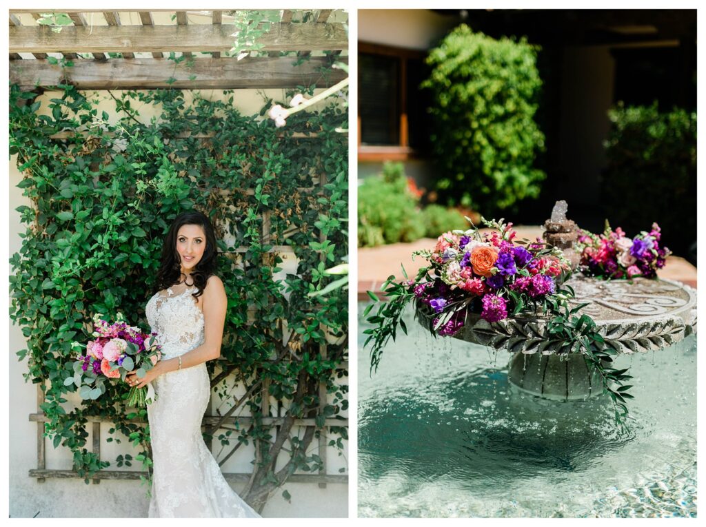 A bride holding a colorful bouquet of flowers by a waterfall in the garden at the Casitas Estate in San Luis Obispo, an outdoor wedding venue. 