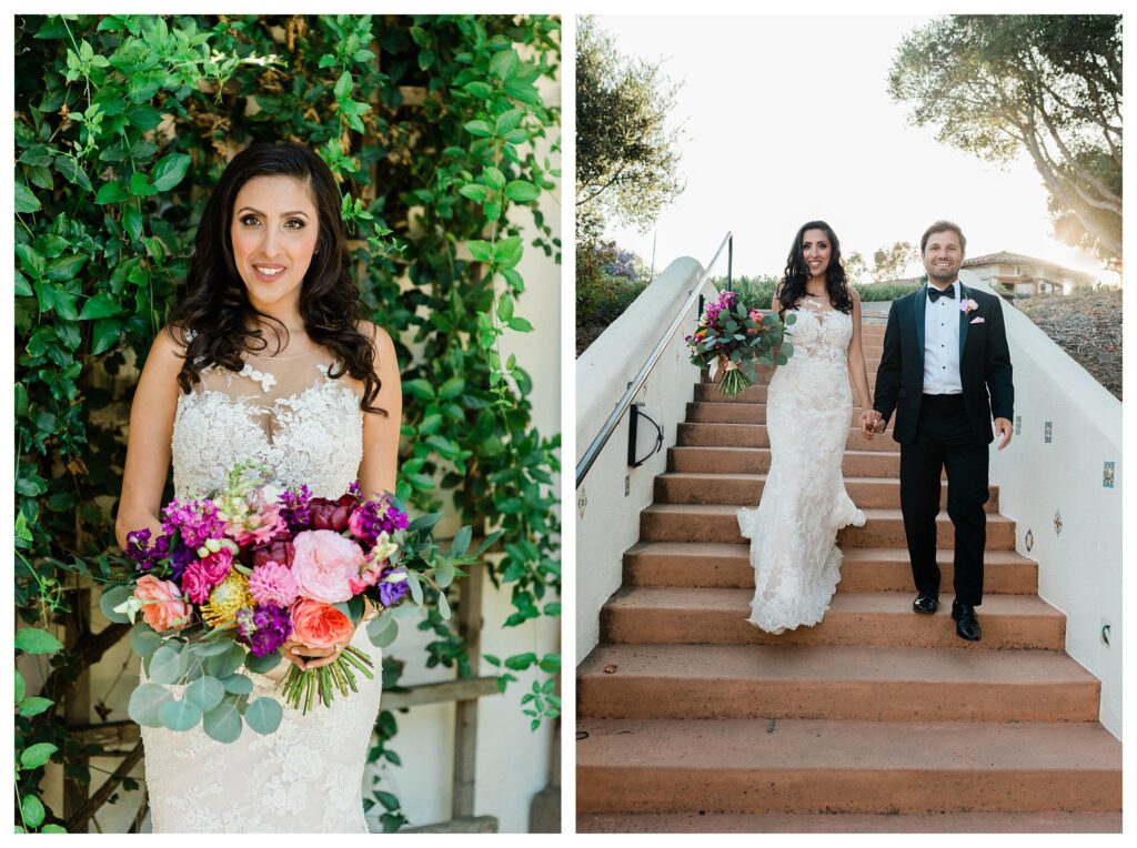 A bride and groom in elegant wedding attire at their Persian wedding at the Casitas Estate a luxury garden wedding venue in san Luis Obispo.