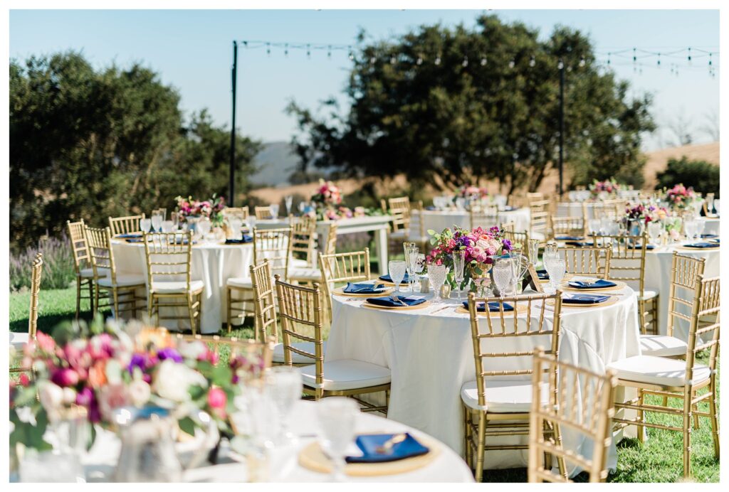 A luxury wedding reception with spring colors at the Casitas Estate a garden wedding venue in san Luis Obispo.