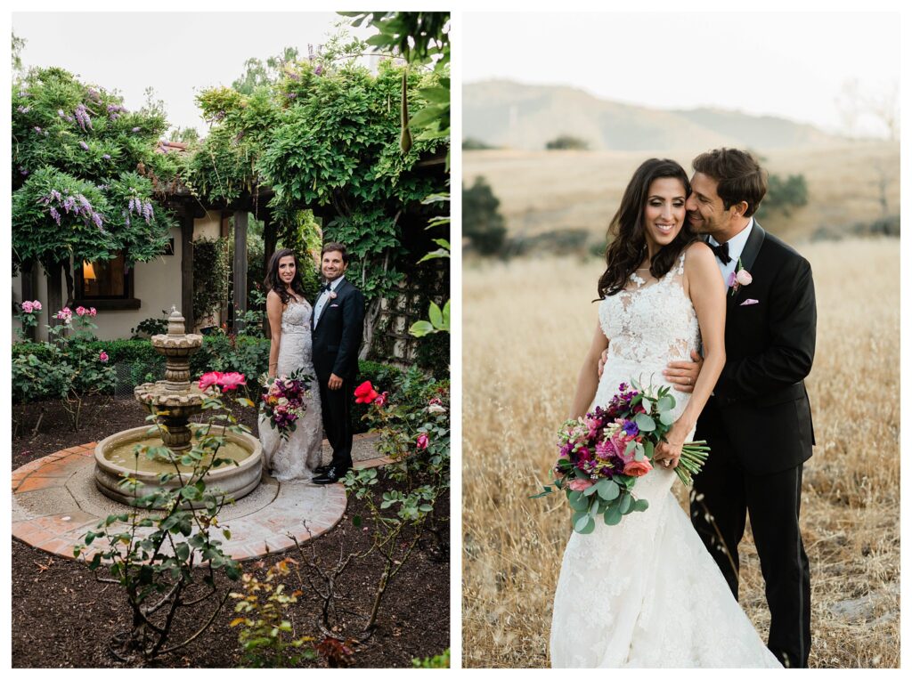 A bride and groom in the garden at the Casitas Estate a luxury garden wedding venue in san Luis Obispo.